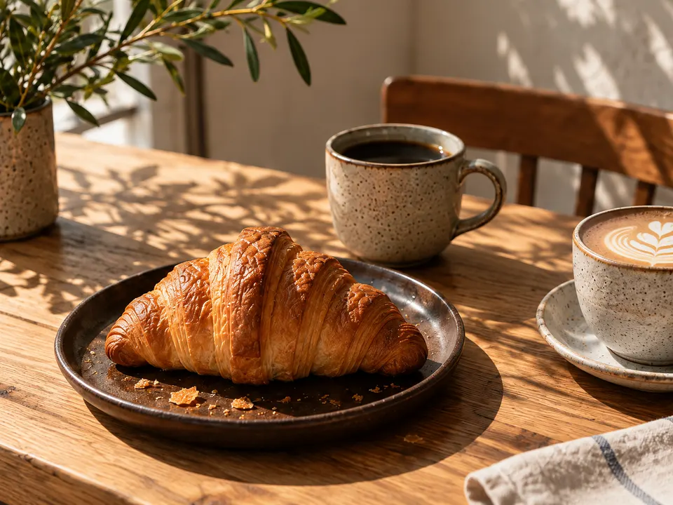 A flaky croissant and freshly brewed coffee in the morning sunlight