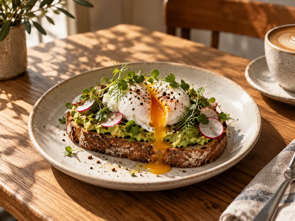 Poached eggs and avocado toast with fresh herbs